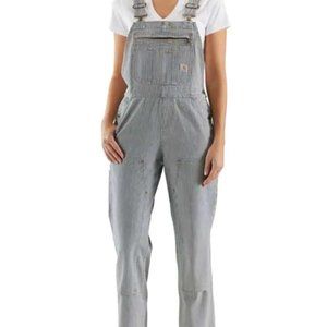 NWT Carhartt Womens Relaxed Fit Denim Railroad Stripe Bib Overall Sz L